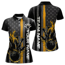 Load image into Gallery viewer, Yellow Line American Flag Custom Patriotic Flame Women Bowling Polo Shirt, US Bowling Shirt IPHW8636