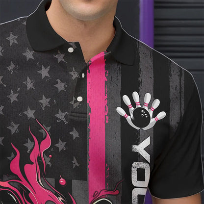 Pink Line American Flag Custom Patriotic Flame Bowling Polo Shirts For Men, US Bowling Shirt IPHW8637