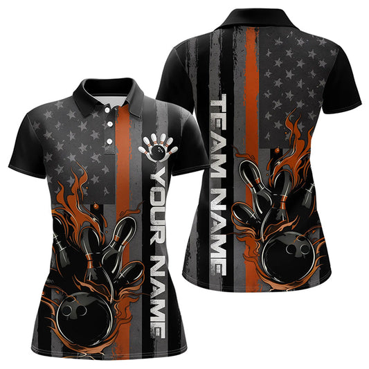 Brown Line American Flag Custom Patriotic Flame Womens Bowling Polo Shirt, US Bowling Shirt IPHW8638