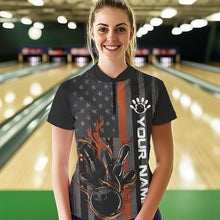 Load image into Gallery viewer, Brown Line American Flag Custom Patriotic US Flame Bowling Womens Quarter-Zip Shirts IPHW8638