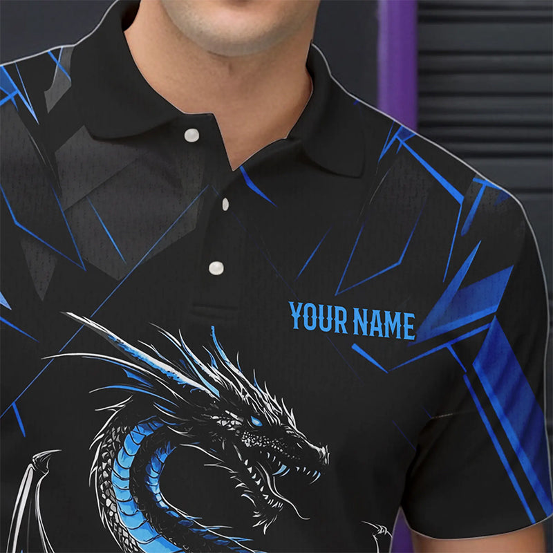 Custom Black And Blue Dragon Bowling Polo Shirts For Men, Dragon Bowling Team Uniform IPHW8639