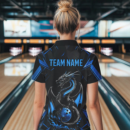 Custom Black And Blue Dragon Bowling Polo Shirts For Women, Dragon Bowling Team Uniform IPHW8639