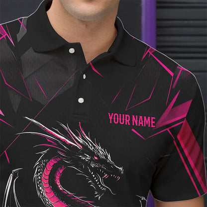 Custom Black And Pink Dragon Bowling Polo Shirts For Men, Dragon Bowling Team Uniform IPHW8640