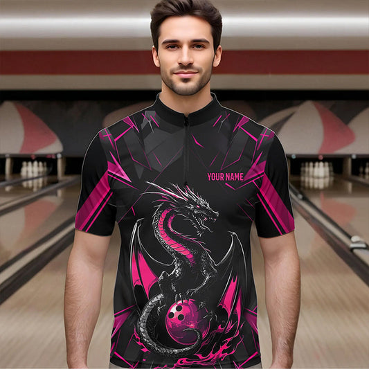 Custom Black And Pink Dragon Bowling Quarter-Zip Shirts For Men, Dragon Bowling Team Uniform IPHW8640