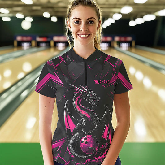 Custom Black And Pink Dragon Bowling Womens Quarter-Zip Shirts, Dragon Bowling Uniform IPHW8640