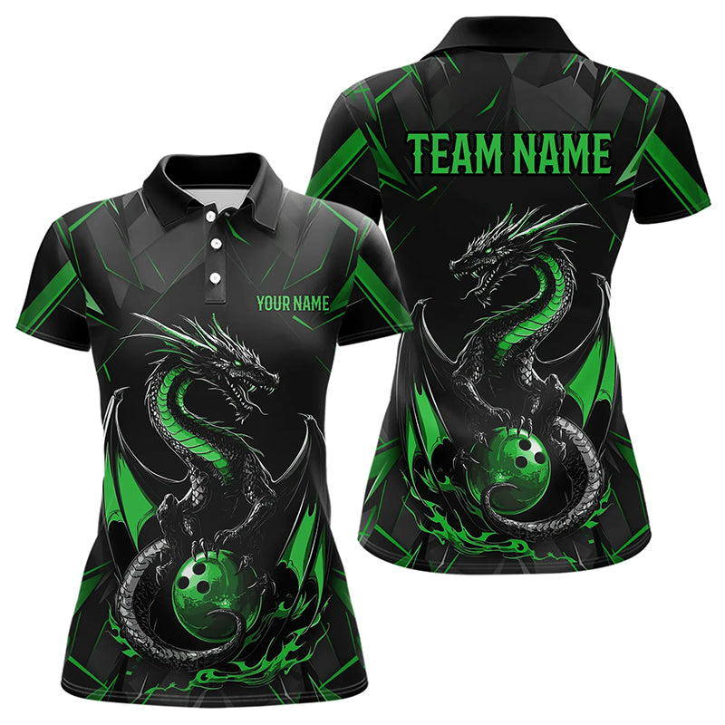 Custom Black And Irish Green Dragon Bowling Polo Shirts For Women, Bowling Team Uniform IPHW8641