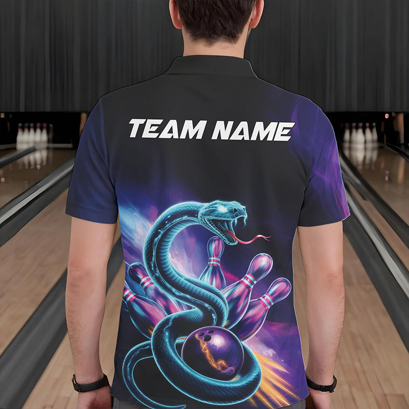 Custom Blue And Purple Galaxy Snake Bowling Polo Shirts For Men, Bowling League Team Uniform IPHW8646