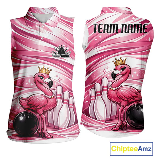 Front and back view of a pink women’s sleeveless bowling shirt featuring a crowned flamingo standing beside a bowling ball and bowling pins.