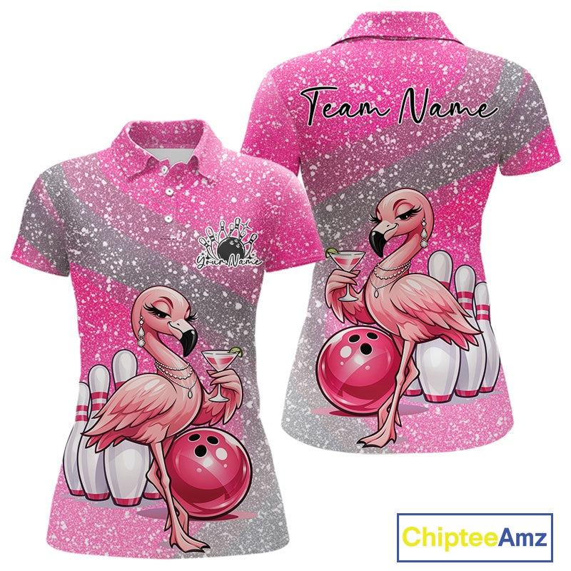 Front and back view of a pink women’s bowling polo shirt showcasing an elegant flamingo holding a cocktail beside a bowling ball.