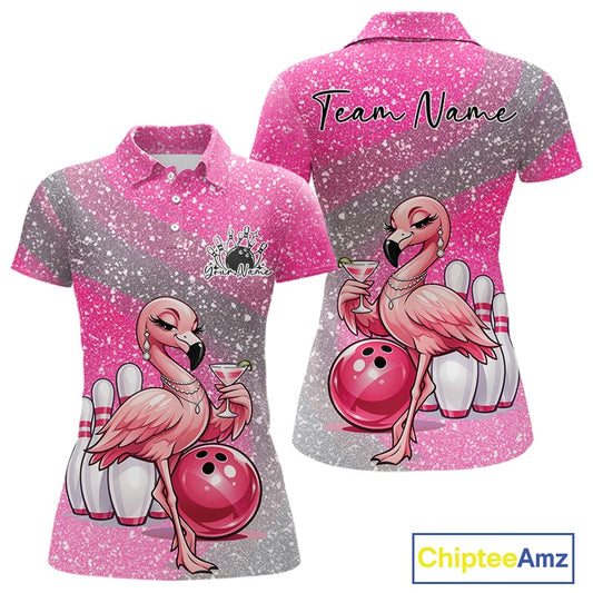 Front and back view of a pink women’s bowling polo shirt showcasing an elegant flamingo holding a cocktail beside a bowling ball.