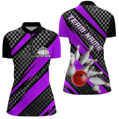 Splatter Pins Custom Bowling Team Shirts For Women, Bowling Tournament Shirt | Purple IPHW6473