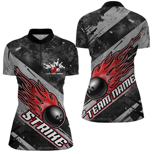 Black And Red Flame Bowling Ball Custom Team Shirts For Women, Tournament Team Jerseys IPHW6478