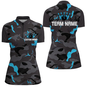 Blue Camo Bowling Pulse Heartbeat Custom Team Shirts For Women, Camouflage Bowler Outfit IPHW6488