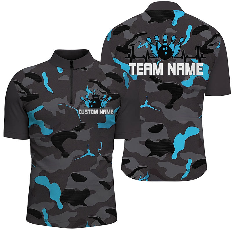 Blue Camo Bowling Pulse Heartbeat Custom Team Shirts For Men And Women, Camouflage Bowler Outfit IPHW6488