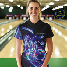 Load image into Gallery viewer, Female model wearing a black bowling quarter zip with starry galaxy graphics, glowing neon swirls, and hologram butterflies, front view