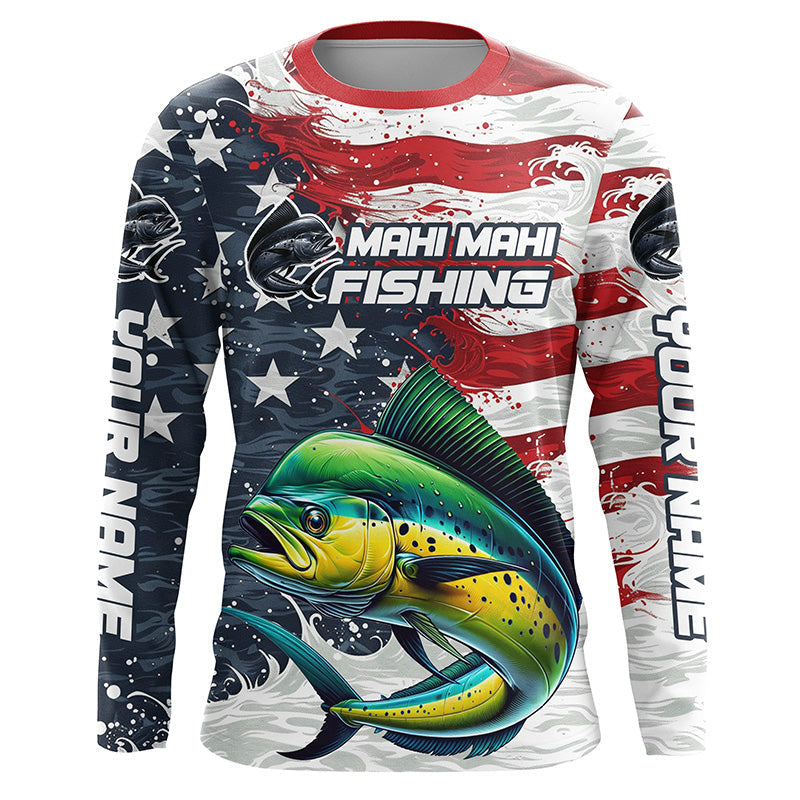 Custom Mahi Mahi Fishing American Flag Long Sleeve Fishing Shirts, Patriotic Mahi Fishing Shirts IPHW6826