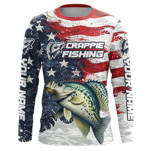 Custom Crappie Fishing American Flag Long Sleeve Fishing Shirts, Patriotic Crappie Fishing Shirts IPHW6827