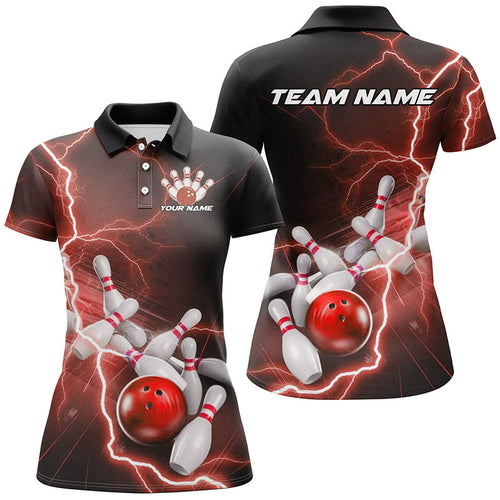 Black And Red Thunder Lightning Custom Striking Ladies Bowling Shirts, Bowling Team Uniform IPHW7541