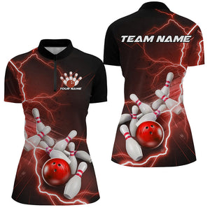 Black And Red Thunder Lightning Custom Striking Ladies Bowling Shirts, Bowling Team Uniform IPHW7541