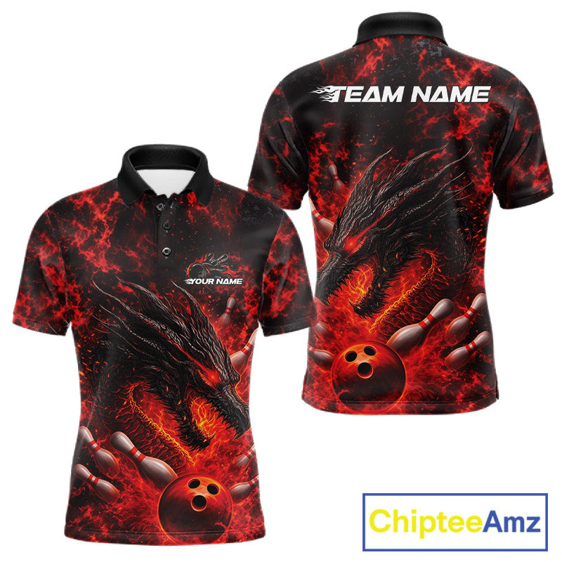 Custom Black And Red Flame Dragon Bowling Men Polo Shirt, Dragon Bowling League Shirt IPHW10277
