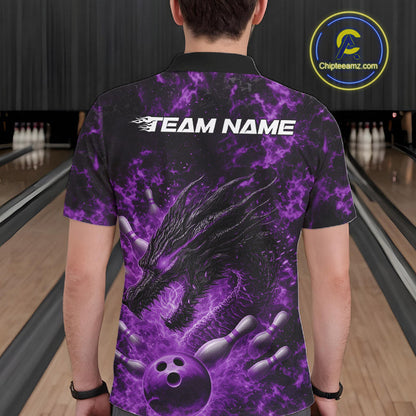 Custom Black And Purple Flame Dragon Bowling Men Polo Shirt, Dragon Bowling League Shirt IPHW10278