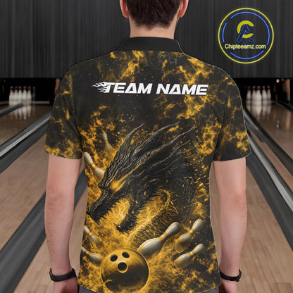 Custom Black And Yellow Flame Dragon Bowling Men Polo Shirt, Dragon Bowling League Shirt IPHW10279