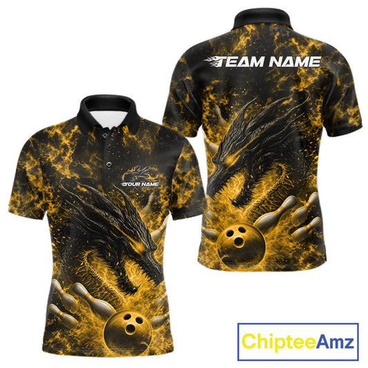 Custom Black And Yellow Flame Dragon Bowling Men Polo Shirt, Dragon Bowling League Shirt IPHW10279