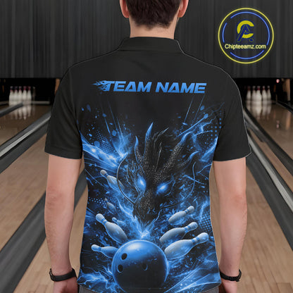 Custom Blue Fire Flame Dragon Bowling Jerseys. Dragon Bowling Men Polo Shirt IPHW10282