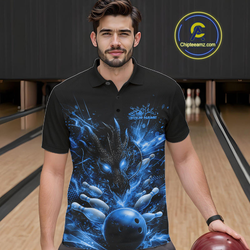 Custom Blue Fire Flame Dragon Bowling Jerseys. Dragon Bowling Men Polo Shirt IPHW10282