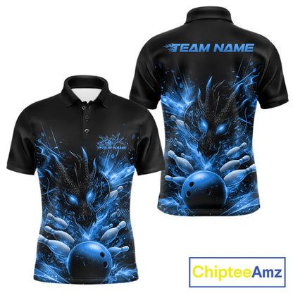 Custom Blue Fire Flame Dragon Bowling Jerseys. Dragon Bowling Men Polo Shirt IPHW10282