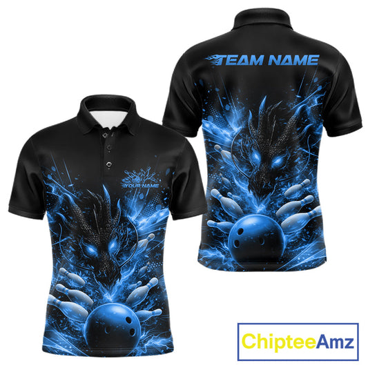 Custom Blue Fire Flame Dragon Bowling Jerseys. Dragon Bowling Men Polo Shirt IPHW10282