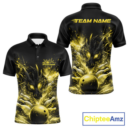 Custom Yellow Fire Flame Dragon Bowling Jerseys. Dragon Bowling Men Polo Shirt IPHW10283
