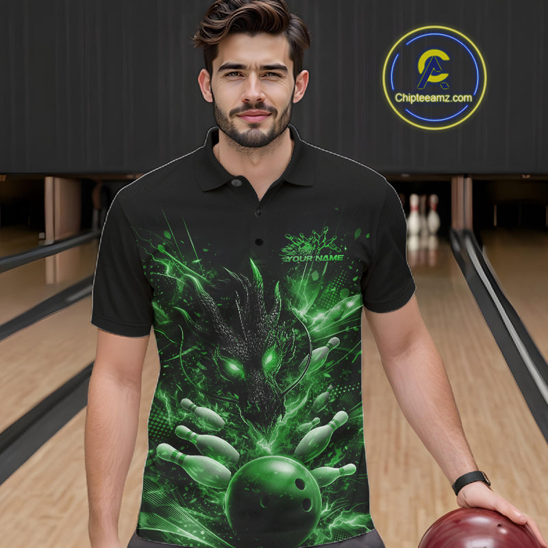 Custom Green Fire Flame Dragon Bowling Jerseys. Dragon Bowling Men Polo Shirt IPHW10284