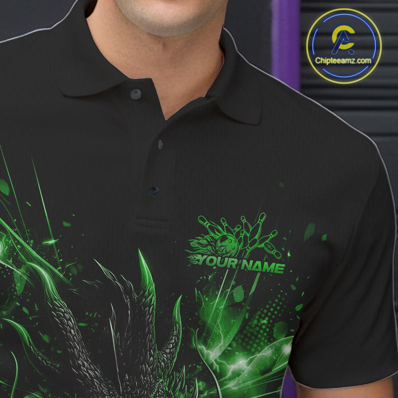 Custom Green Fire Flame Dragon Bowling Jerseys. Dragon Bowling Men Polo Shirt IPHW10284