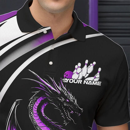 Custom Black And Purple Dragon Bowling Jerseys, Dragon Bowling Team Polo Shirts For Men IPHW8650