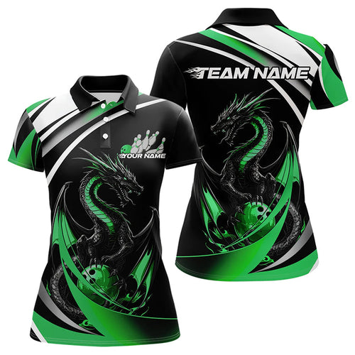 Custom Black And Green Dragon Bowling Jerseys, Dragon Bowling Team Polo Shirts For Women IPHW8652