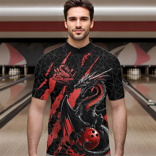 Custom Black And Red Dragon Bowling Team Quarter-Zip Shirts For Men, Dragon Bowling Jerseys IPHW8924