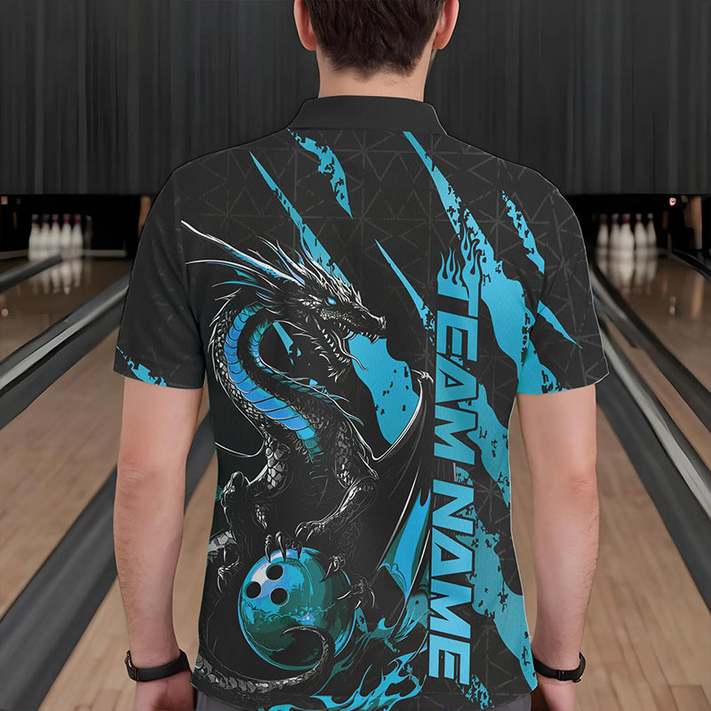 Custom Black And Blue Dragon Bowling Team Polo Shirts For Men, Dragon Bowling Jerseys IPHW8925