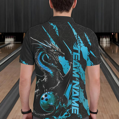 Custom Black And Blue Dragon Bowling Team Polo Shirts For Men, Dragon Bowling Jerseys IPHW8925