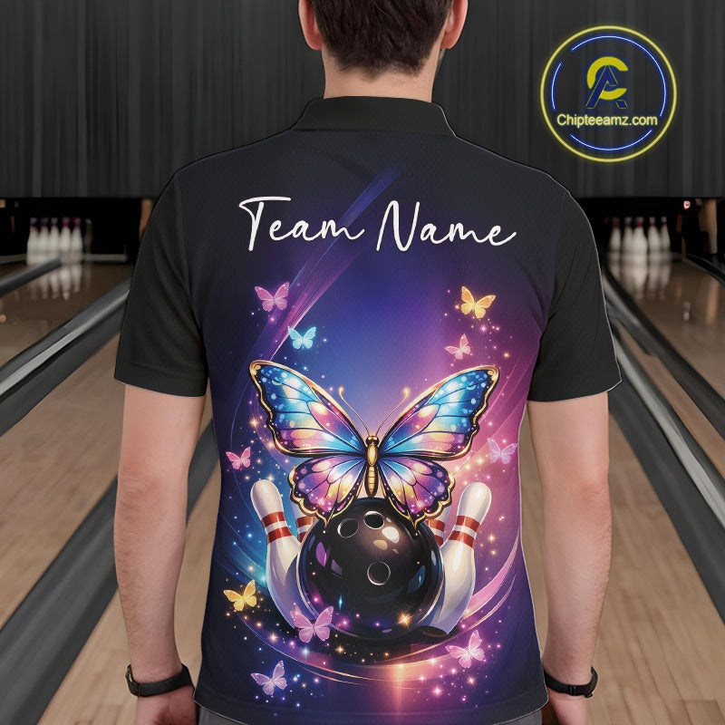 Male model shown from the back in a colorful bowling polo shirt featuring cosmic bowling graphics with glowing butterflies and fallen pins.