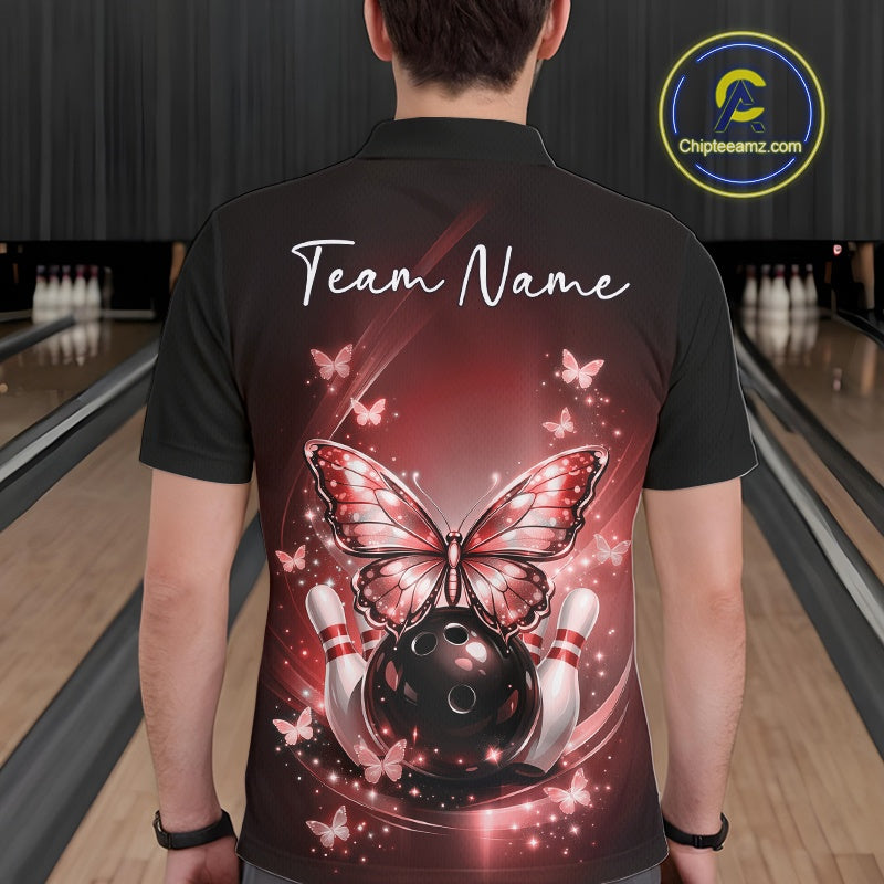 Back view of a male model in a red bowling polo shirt showcasing cosmic bowling artwork with glowing butterflies, a bowling ball, and scattered pins.