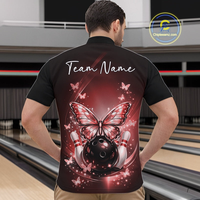 Front view of a male model in a bowling alley wearing a red quarter-zip shirt showcasing luminous butterflies around a bowling ball.