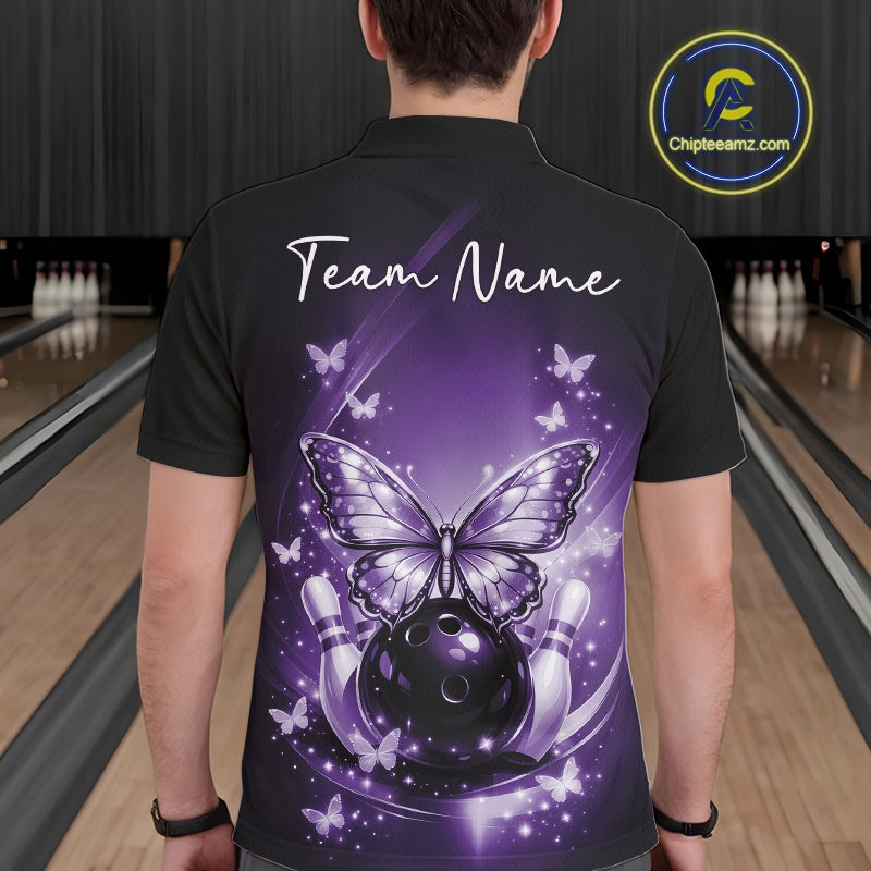 Back view of a male model in a bowling center wearing a purple polo shirt featuring glowing butterflies and cosmic bowling graphics.