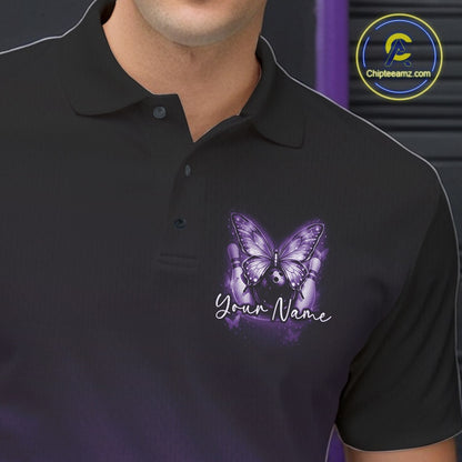 Close-up of the left chest area on a purple bowling polo shirt featuring glowing butterflies on a bowling ball with fallen pin artwork.
