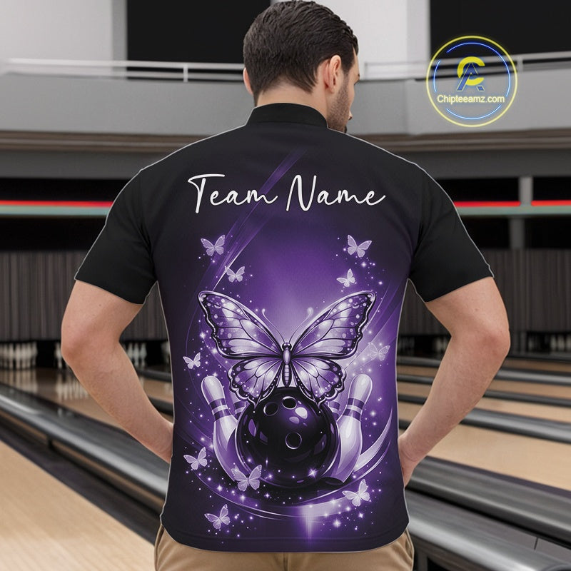 Front view of a male model in a bowling center wearing a purple quarter-zip shirt featuring luminous butterflies and fallen pin graphics.