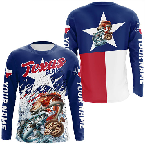 Redfish Trout Flounder Texas Slam Custom Long Sleeve Fishing Shirts, Texas Flag Fishing Shirts IPHW7004