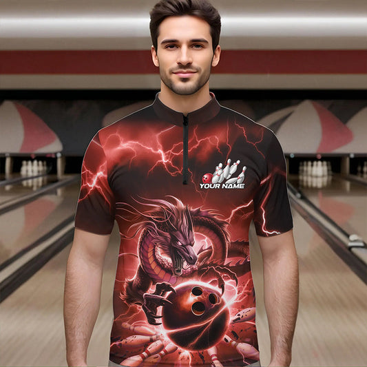 Custom Black And Red Thunder Lightning Dragon Bowling Quarter-Zip Shirts For Men, Team Uniform IPHW8681