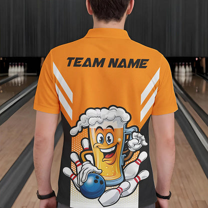 Custom Funny Beer Bowling Polo Shirts For Men, Yellow Bowling Team Bowling League Shirt IPHW8930