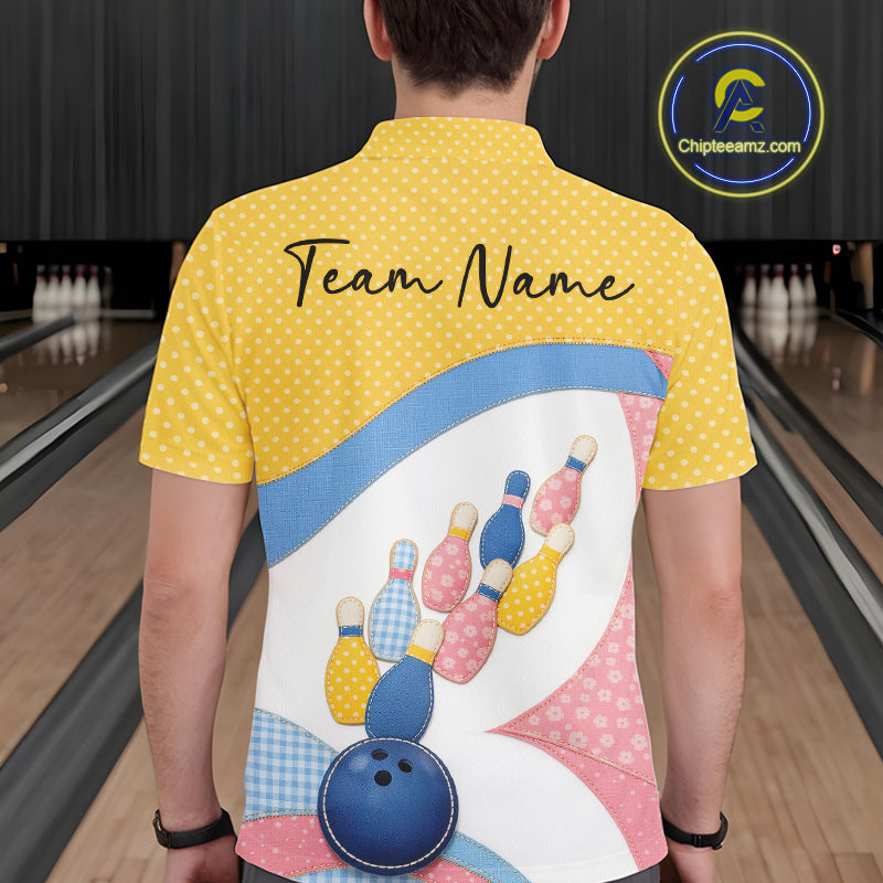 Back view of a male model in a bowling venue wearing a polo shirt showcasing colorful bowling-themed patchwork artwork.
