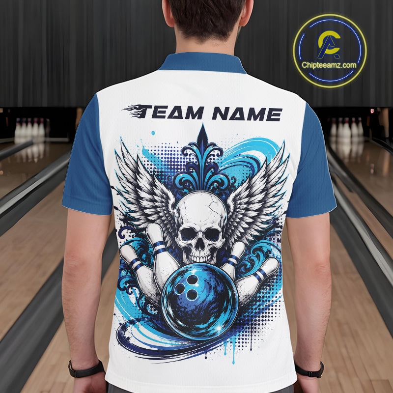 Person wearing a bowling jersey with a skull and wings design in a bowling alley.